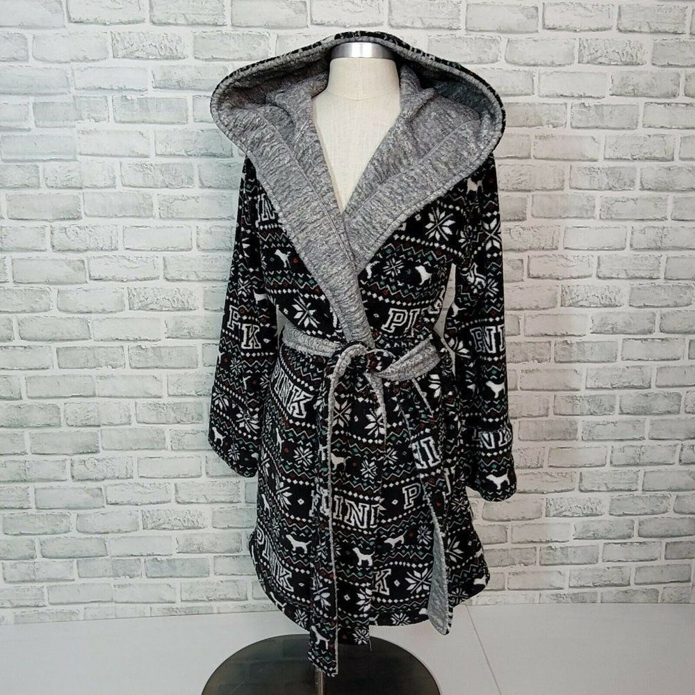 Victorias Secret Pink XS/S Plush Fleece Reversible Fair‎ Isle Hooded Robe